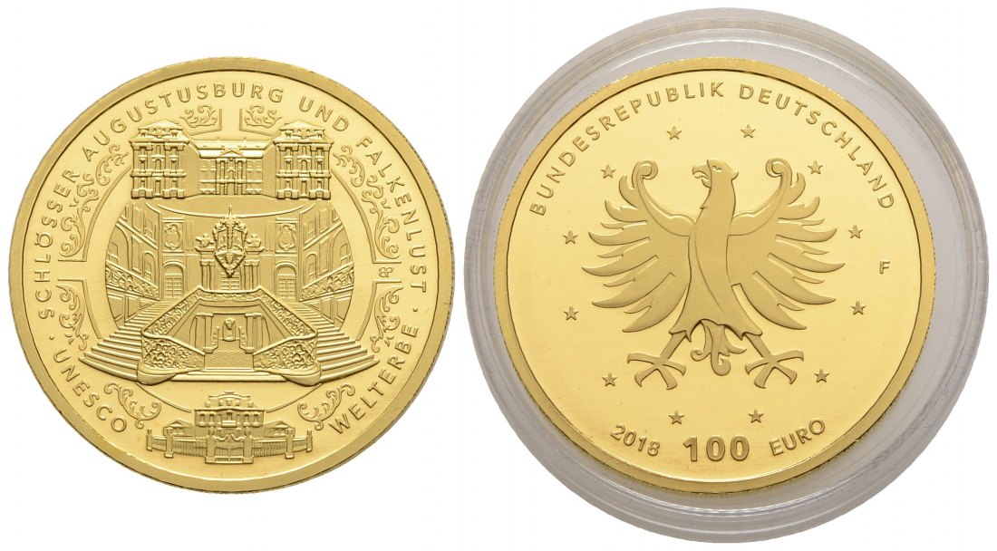 PEUS 3719 BRD 15,55 g Feingold. Augustusburg + Falkenlust OHNE Etui + Zertifikat 100 Euro GOLD 2018 F Stuttgart Stempelglanz (Originalkapsel)