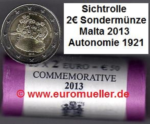 Malta Rolle...2 Euro Sondermünze 2013...Autonomie 1921...unc.   