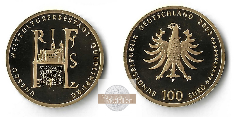 BRD  100 Euro  2003 - 20 Stück MM-Frankfurt  Feingold: 310g UNESCO Weltkulturerbe - Quedlinburg  