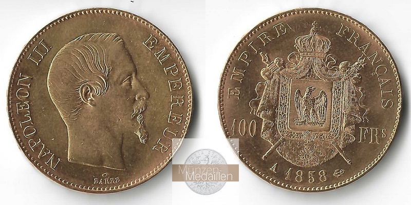 Frankreich 100 Francs  1858 A MM-Frankfurt Feingold: 29,03g Napoleon III.  