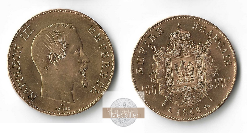 Frankreich 100 Francs  1858 A MM-Frankfurt Feingold: 29,03g Napoleon III.  