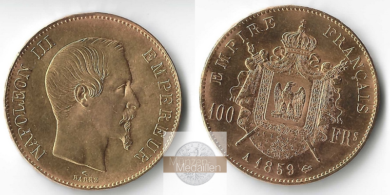 Frankreich 100 Francs  1859 A MM-Frankfurt Feingold: 29,03g Napoleon III.  