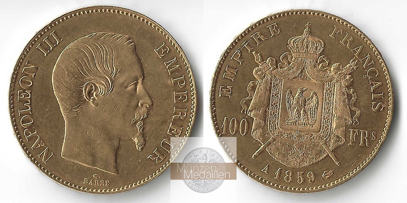 Frankreich 100 Francs  1859 A MM-Frankfurt Feingold: 29,03g Napoleon III.  