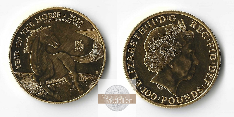 Grossbritannien MM-Frankfurt Feingold: 31,1g 100 Pounds - Queen Elizabeth II 2014 vorzüglich