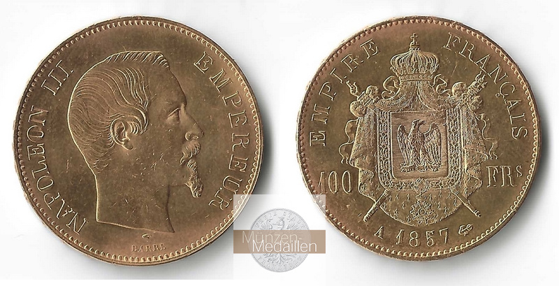 Frankreich 100 Francs  1857 A MM-Frankfurt Feingold: 29,03g Napoleon III.  