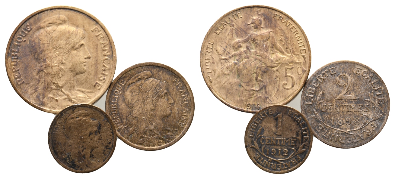  Frankreich; 3 Kleinmünzen 1914 / 1912 / 1898   