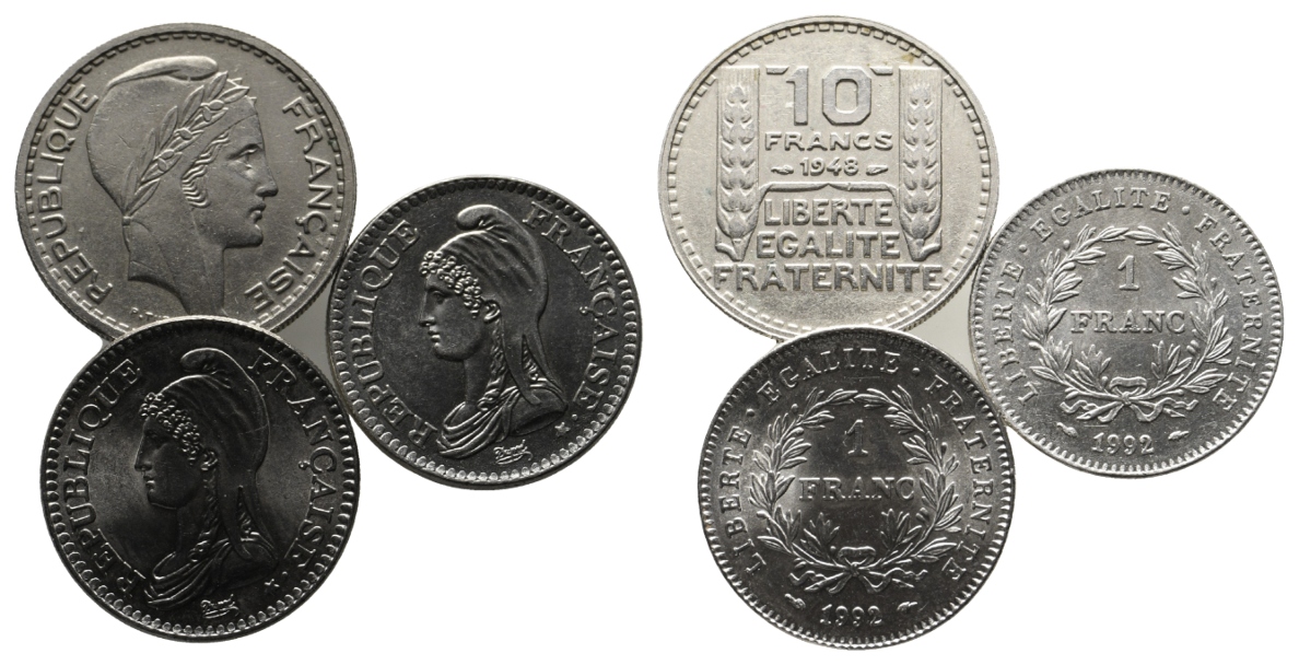  Frankreich; 3 Kleinmünzen 1948 / 1992 / 1992   