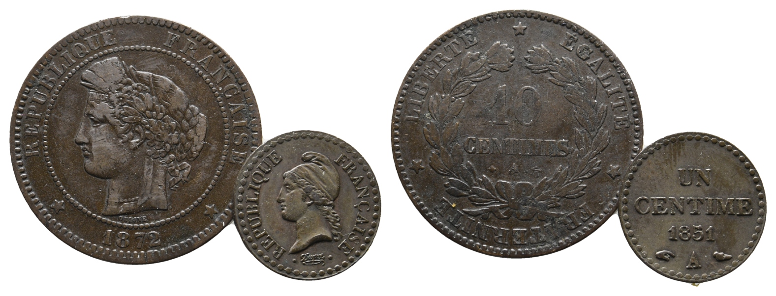  Frankreich; 2 Kleinmünzen 1872 / 1851   