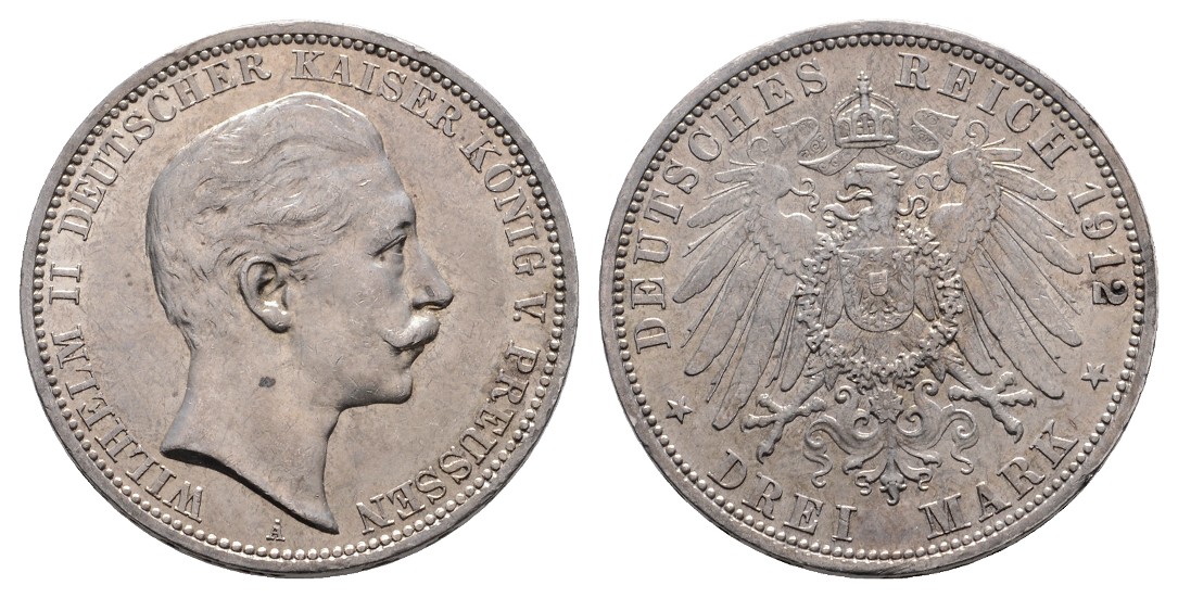  Linnartz KAISERREICH Preussen Wilhelm II. 3 Mark 1912 A, vz   