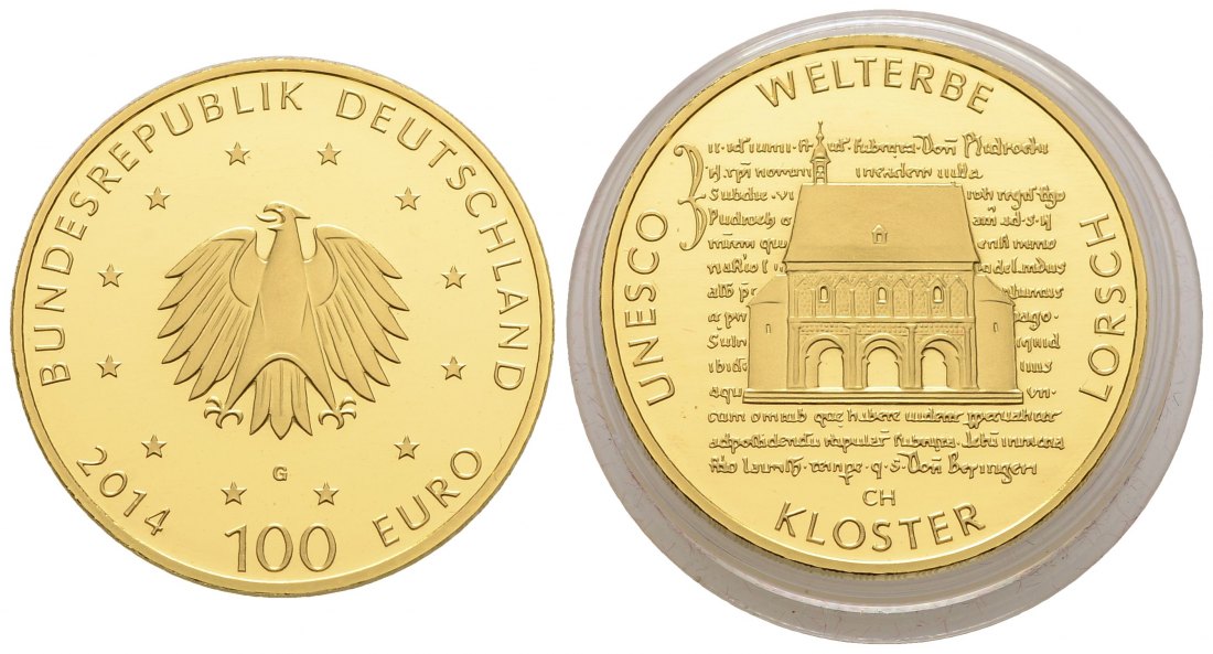 PEUS 3665 BRD 15,55 g Feingold. Kloster Lorsch OHNE Etui + Zertifikat 100 Euro GOLD 2014 G Karlsruhe Stempelglanz (Originalkapsel)