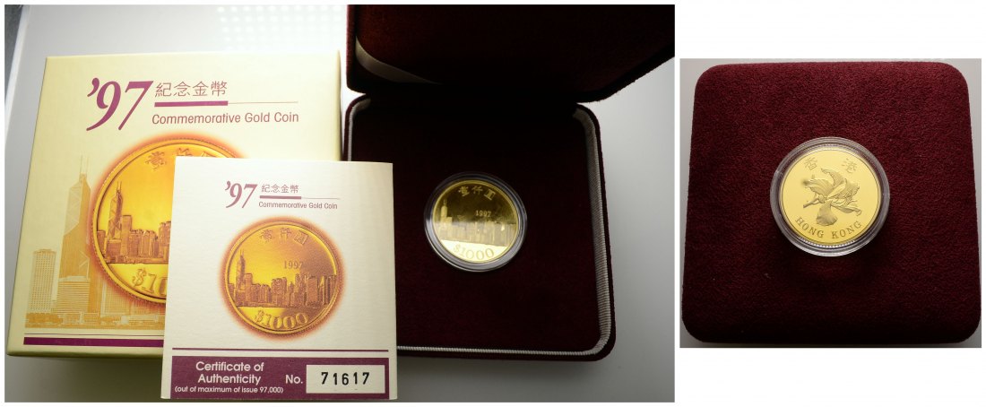 PEUS 3852 Hong Kong 14,65 g Feingold. Rückgabe an China.Originalverpackung + Zertifikat 1000 Dollars GOLD 1997 Proof (Kapsel)