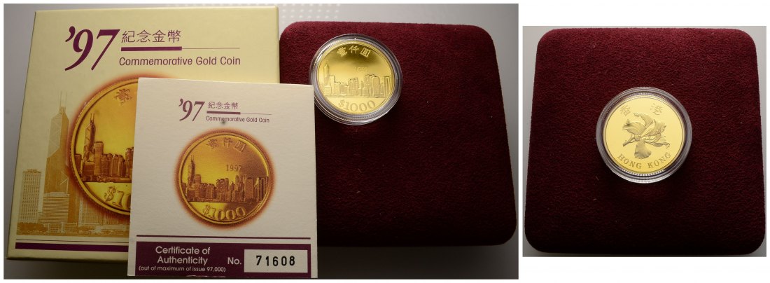PEUS 3853 Hong Kong 14,65 g Feingold. Rückgabe an China.Originalverpackung + Zertifikat 1000 Dollars GOLD 1997 Proof (Kapsel)