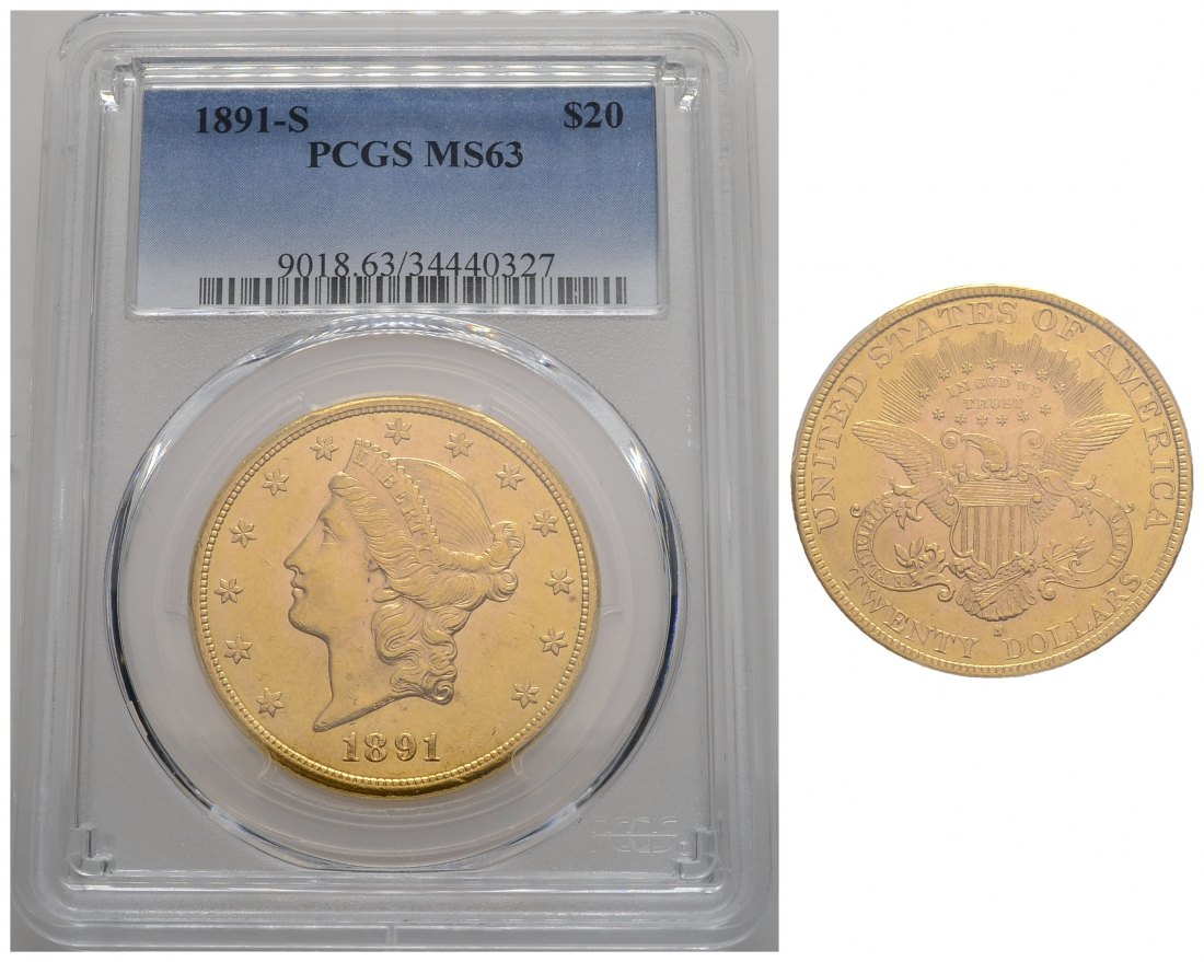 PEUS 3862 USA 30,1 g Feingold. Coronet Head in US-Plastic Holder 20 Dollars GOLD 1891 S PCGS-Bewertung MS63/ Vorzüglich