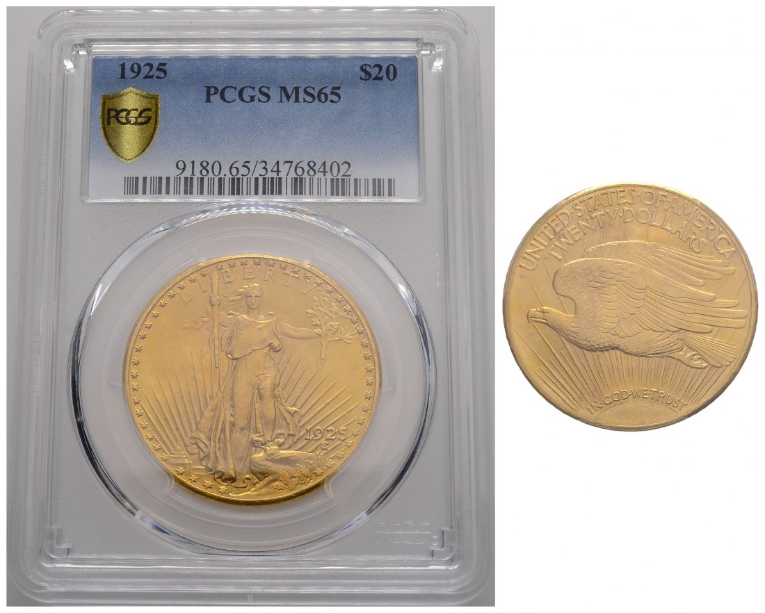PEUS 3863 USA 30,1 Feingold. St. Gaudens in PCGS-Holder 20 Dollars GOLD 1925 PCGS-Bewertung MS65/ Vorzüglich