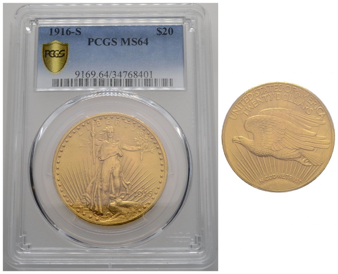 PEUS 3865 USA 30,1 Feingold. St. Gaudens in PCGS-Holder 20 Dollars GOLD 1916 S PCGS-Bewertung MS64/ Vorzüglich