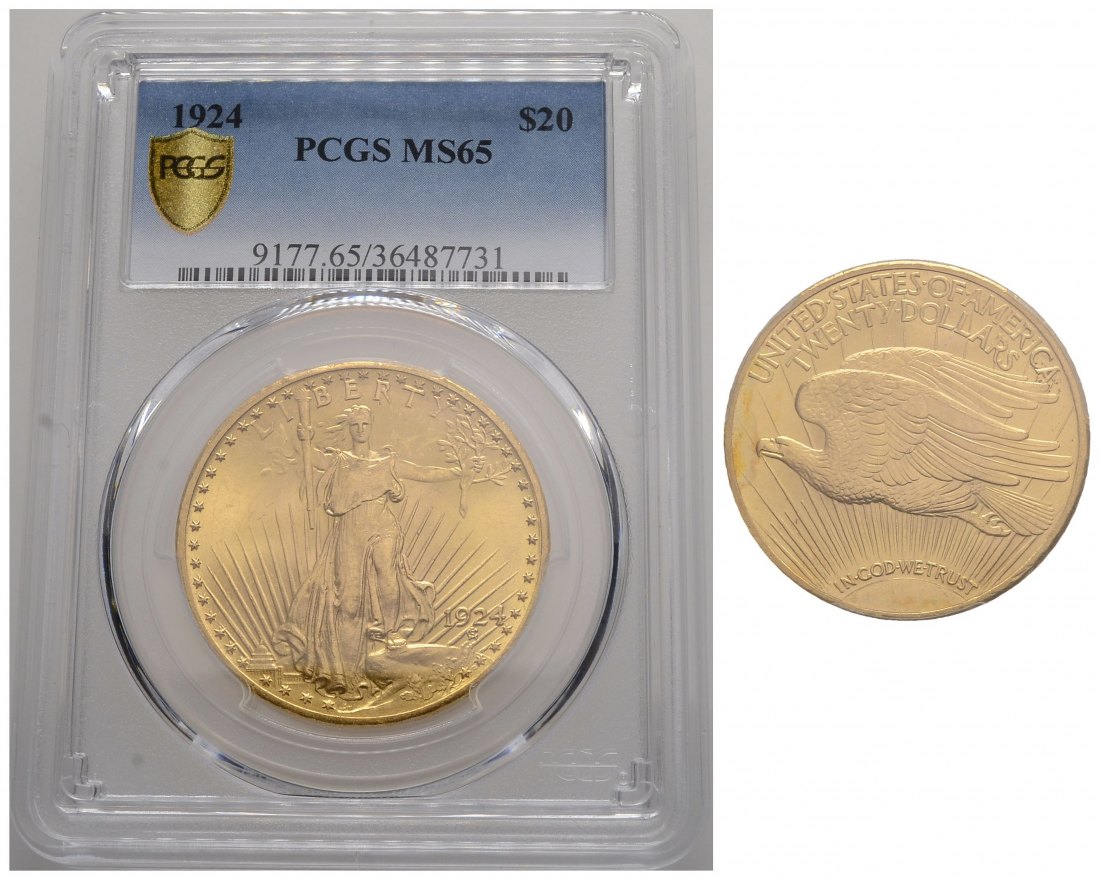 PEUS 3866 USA 30,1 Feingold. St. Gaudens in PCGS-Holder 20 Dollars GOLD 1924 PCGS-Bewertung MS65/ Vorzüglich