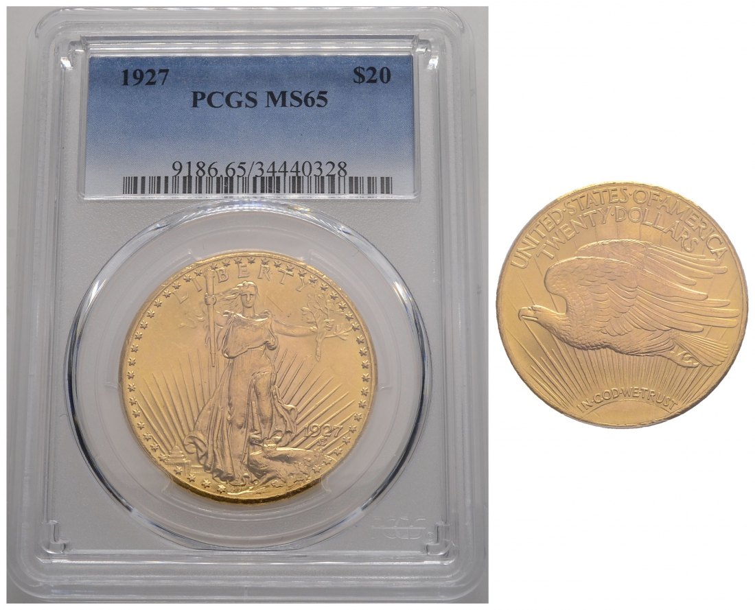 PEUS 3867 USA 30,1 Feingold. St. Gaudens in PCGS-Holder 20 Dollars GOLD 1927 PCGS-Bewertung MS65/ Vorzüglich