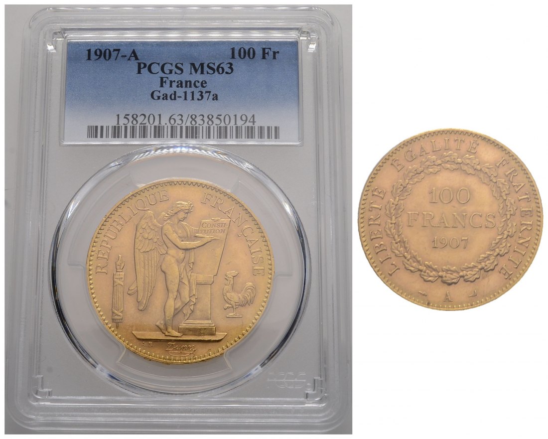PEUS 3868 Frankreich 29,03 g Feingold. 3. Republik (1870-1940) 100 Francs GOLD in PCGS-Plastic-Holder 1907 A Paris PCGS-Bewertung MS63/ Vorzüglich