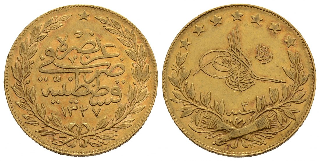 PEUS 3756 Türkei 6,61 g Feingold. Sultan Mohammed V. Reschad der Friedliebende 100 Piaster GOLD 1328=13.01.1910 Sehr schön