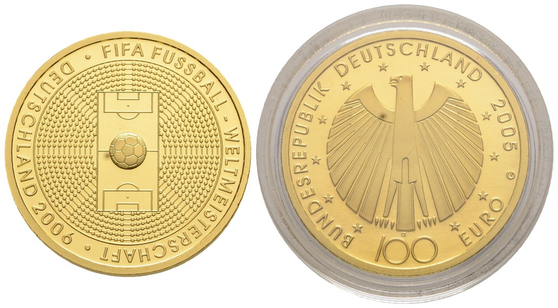 PEUS 3851 BRD 15,55 g Feingold. Fußball WM 2006 OHNE Etui + Zertifikat 100 Euro GOLD 2005 G Karlsruhe Stempelglanz (Kapsel)