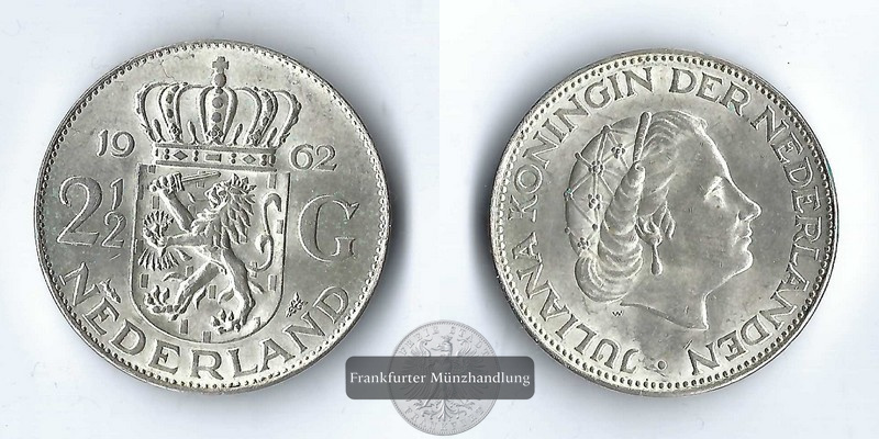  Niederlande,  2 1/2 Gulden  1962  Queen Juliana   FM-Frankfurt  Feinsilber: 10,8g   