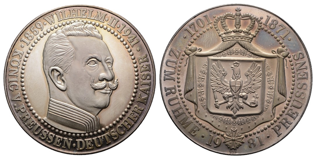  Linnartz Preussen Wilhelm II.,1859-1941, Feinsilbermedaille o.J., 33,2 Gr, 50 mm, PP   