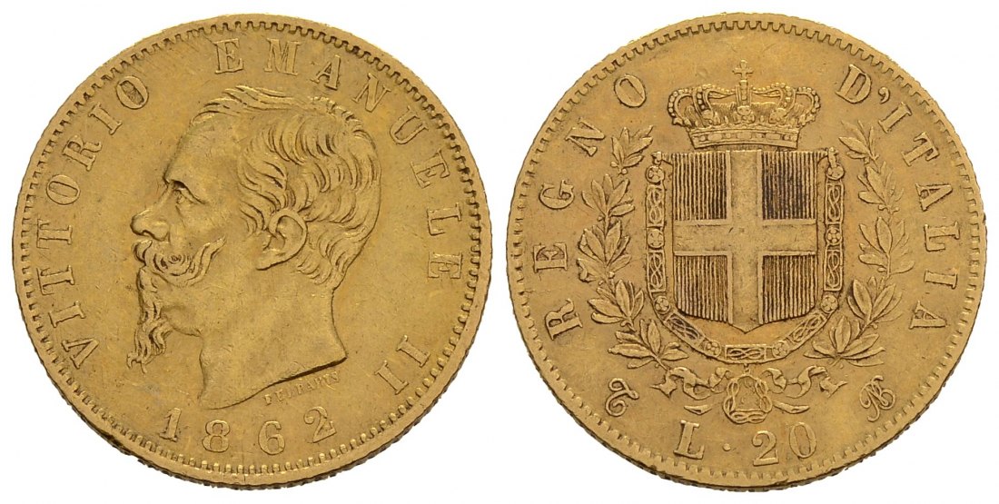 PEUS 3760 Italien Königreich 5,81 g Feingold. Vittorio Emanuelle II. (1861 - 1878) 20 Lire GOLD 1862 T BN Sehr schön