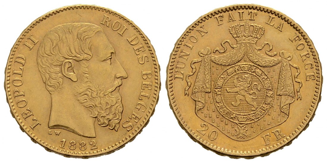 PEUS 3761 Belgien 5,81 g Feingold. Leopold II. (1865-1909) 20 Francs GOLD 1882 Sehr schön +