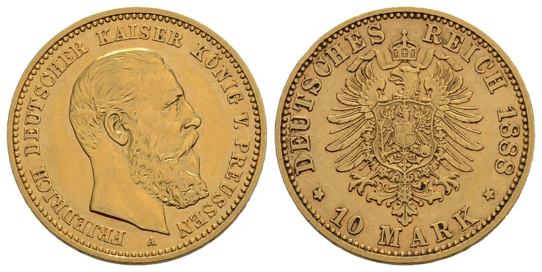 PEUS 3762 Kaiserreich - Preußen 3,58 g Feingold. Friedrich III. (09.03.- 15.06.1888) 10 Mark GOLD 1888 A Sehr schön +