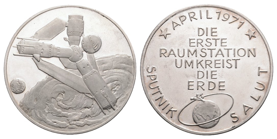  Linnartz Raumfahrt Feinsilbermedaille 1971 Sputnik - Salut, 24,9/fein, 40 mm, PP   