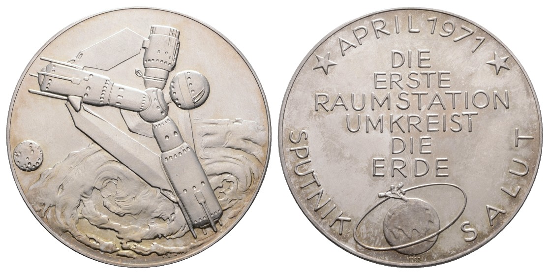  Linnartz Raumfahrt Große Feinsilbermedaille 1971 Sputnik - Salut, 50,2/fein, 50 mm, PP   