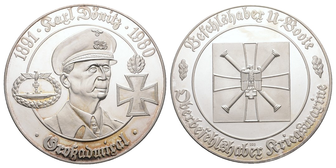  Linnartz 2. Weltkrieg Silbermedaille 1980, Großadmiral Karl Dönitz, 34,7/fein, 50 mm PP   