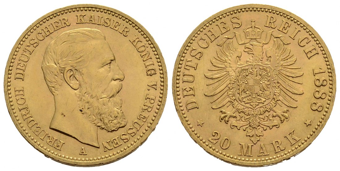 PEUS 3765 Kaiserreich - Preußen 7,16 g Feingold. Friedrich III.(09.03. - 15.06.1888) 20 Mark GOLD 1888 A Kl. Kratzer, Vorzüglich