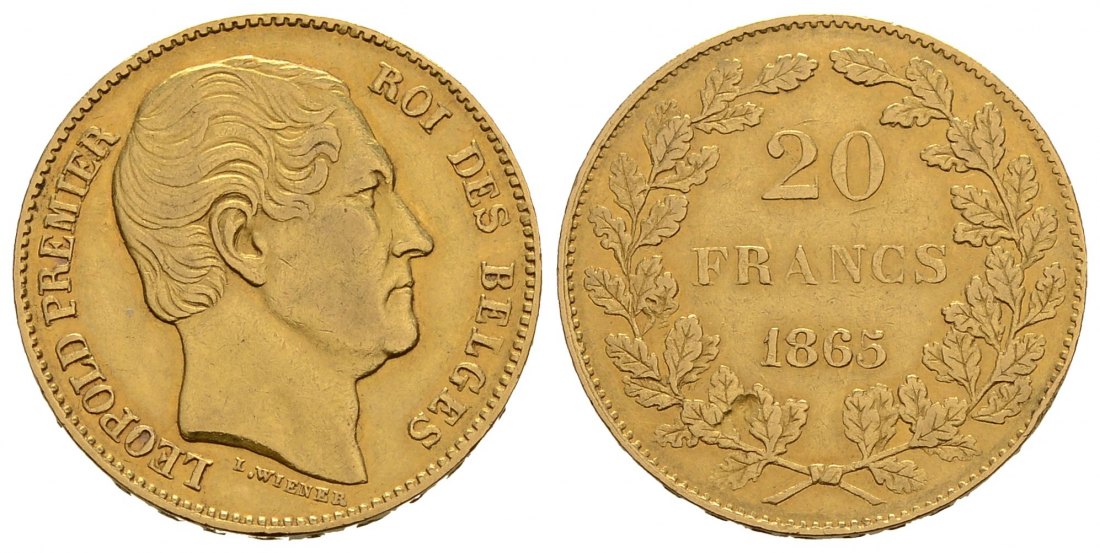 PEUS 3771 Belgien 5,81 g Feingold. Leopold I. (1831 - 1865) 20 Francs GOLD 1865 L.WIENER Sehr schön