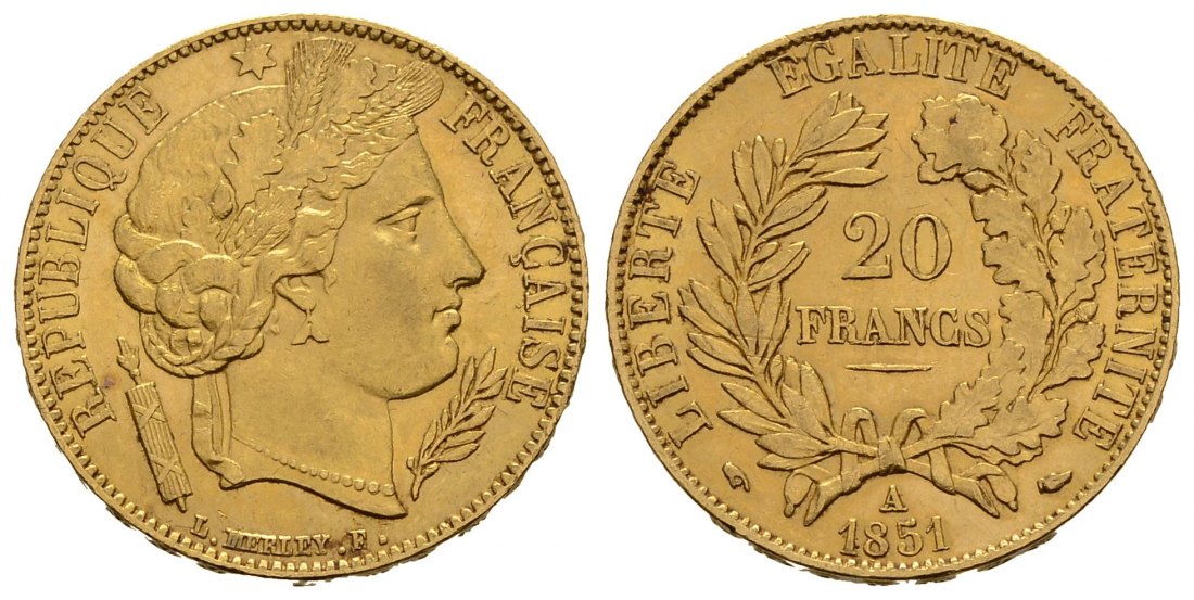 PEUS 3772 Frankreich 5,81 g Feingold. Zweite Republik (1848 - 1852) 20 Francs GOLD 1851 A Sehr schön