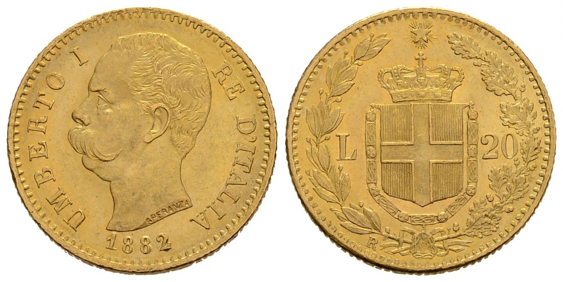 PEUS 3773 Italien 5,81 g Feingold. Umberto I. (1878 - 1900) 20 Lire GOLD 1882 R Rom Kl. Kratzer, Vorzüglich