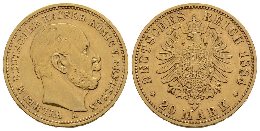 PEUS 3779 Kaiserreich - Preußen 7,17 g Feingold. Wilhelm I. (1861 - 1888) 20 Mark GOLD 1884 A Berlin Kl. Kratzer, fast Vorzüglich