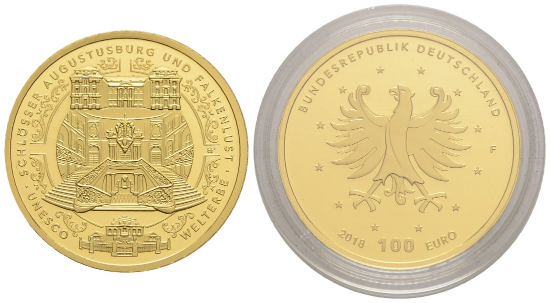PEUS 3784 BRD 15,55 g Feingold. Augustusburg + Falkenlust OHNE Etui + Zertifikat 100 Euro GOLD 2018 F Stuttgart Stempelglanz (Originalkapsel)