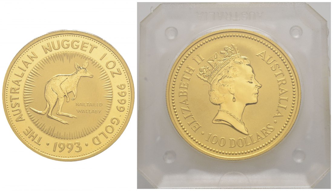 PEUS 3785 Australien 31,1 g Feingold. Nagelkänguru 100 Dollars GOLD Unze 1993 Uncirculated (Originalkapsel)