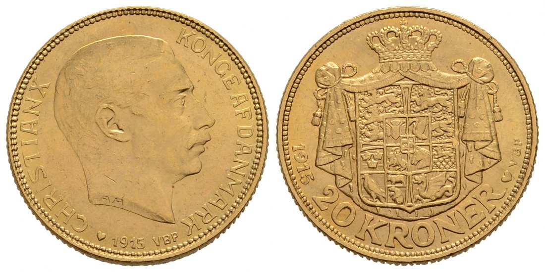 PEUS 3786 Dänemark 8,06 g Feingold. Kopenhagen Christian X. (1912 - 1947) 20 Kronen GOLD 1915 VBP Sehr schön + / Vorzüglich