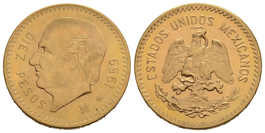 PEUS 3787 Mexiko 7,5 g Feingold. Miguel Hidalgo y Costilla 10 Pesos GOLD 1959 M Kl. Kratzer, Vorzüglich
