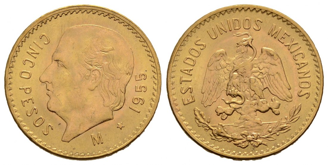 PEUS 3788 Mexiko 3,75 g Feingold. Miguel Hidalgo y Costilla 5 Pesos GOLD 1955 M Kl. Kratzer, Vorzüglich +