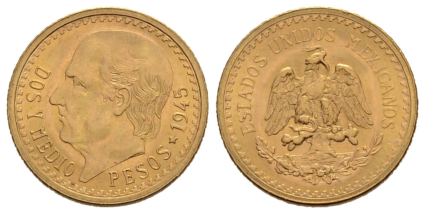 PEUS 3796 Mexiko 1,88 g Feingold. Miguel Hidalgo y Costilla 2 1/2 Pesos GOLD 1945 Fast Stempelglanz
