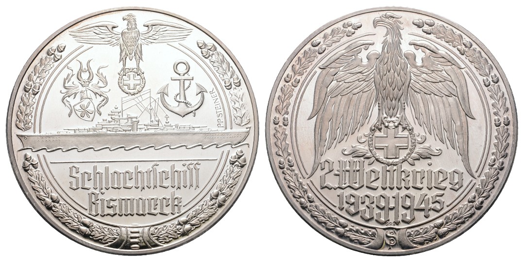  Linnartz 2. Weltkrieg Feinsilbermedaille o.J.,SCHLACHTSCHIFF - BISMARCK,34,6/fein, 50 mm PP   