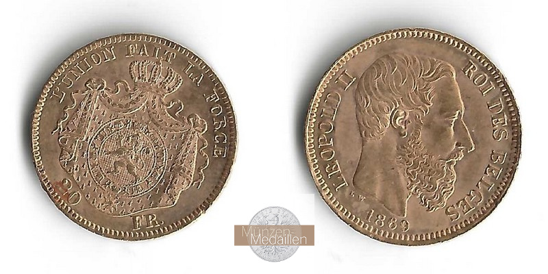 Belgien,  20 Francs  1869 MM-Frankfurt Feingold: 5,81g Leopold II 1865-1909  