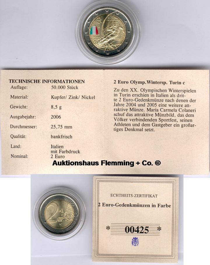 Italien Farbünze 2 Euro 2006 Olympia Turin mit Zertifikat, in Kapsel, fast vz/st (22149)