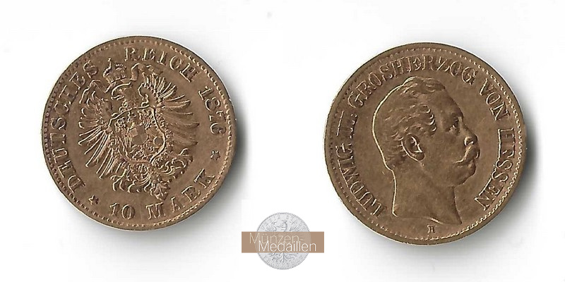 Hessen, Kaiserreich  10 Mark MM-Frankfurt   Feingold: 3,59g Ludwig III. 1848-1877 1876 H 