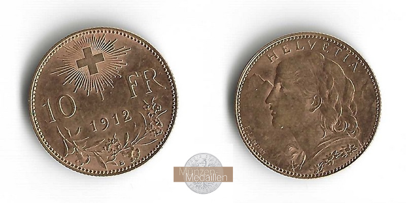 Schweiz,  10 sFR MM-Frankfurt Feingold: 2,90g 1/2 Vreneli 1912 