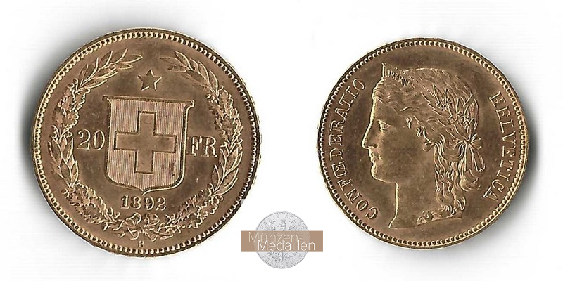 Schweiz MM-Frankfurt Feingewicht: 5,81g Gold 20 sFR (Helvetia) 1892 ss