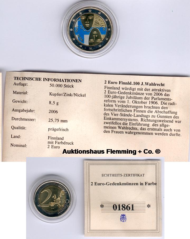 Finnland Farbünze 2 Euro 2006 100 Jahre Wahlrecht mit Zertifikat, in Kapsel, fast vz/st (22149)